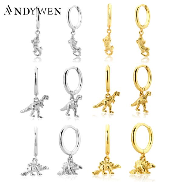 ANDYWEN 925 Sterling Silver Ciondolo Lucertola Dinosauro Piercing Pendiente Orecchino a Goccia 2020 Animal Rock Punk Collezione Oro Gioielli