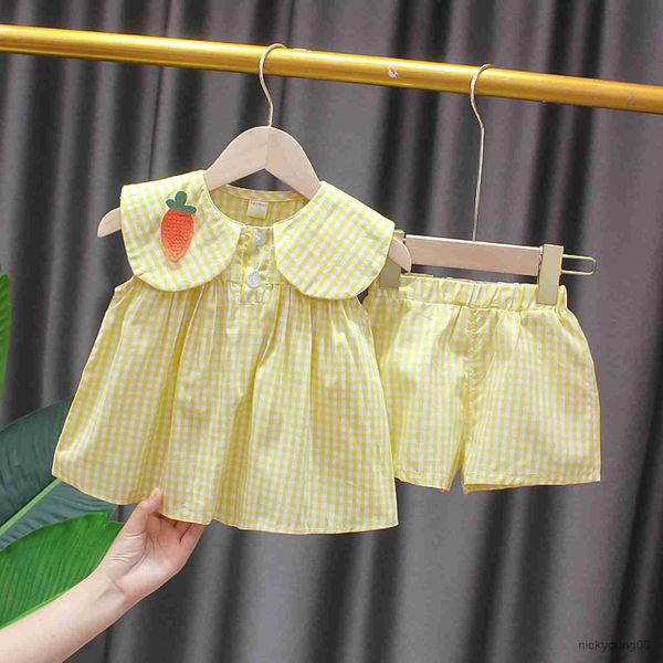 Одежда летняя одежда Девочки Симпатичная фруктная хлопковая клетчатая клетчатка сладкая принцесса 2pcs костюм детского ребенка 0-24 м
