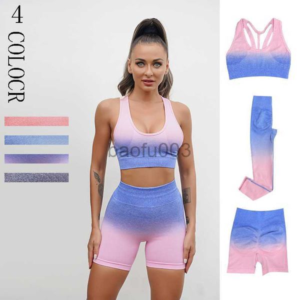 Tute da donna Ombre Imposta Abbigliamento da palestra per donna Leggings senza cuciture Reggiseno sportivo Pantaloncini da corsa Completo da due pezzi Completo da allenamento per il fitness Tuta sportiva J230525