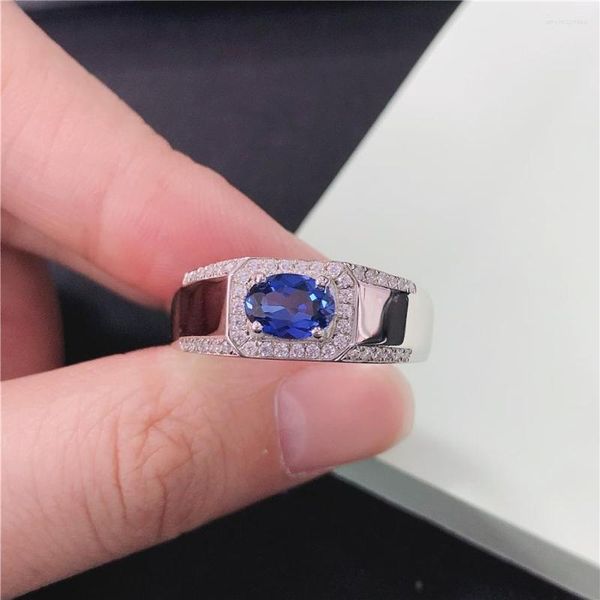 Küme halkaları sterling 14K beyaz altın AU585 Yüzük 1CT Yumurta Şekli Safir Nişan Erkekler için Gerçek Parmak Takı Sonsuza Kadar Son