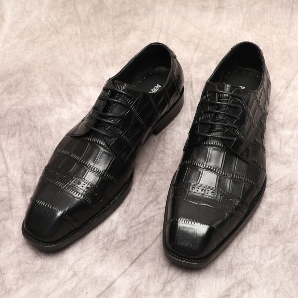 Luxo Oxford Shoe for Men Genuine Cow Leather Crocodile Pattern Shoes Man Black Brown Up Men Sapato quadrado formal