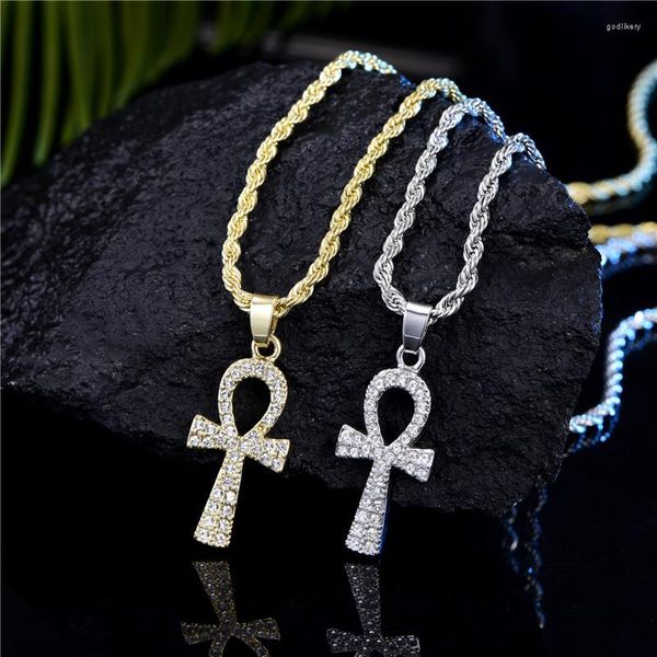 Colares pendentes cruzam ligas geladas de cristal ankh bling for Men Key of Life Charm Egyptian Charm Colar Chain Chain Jewelry