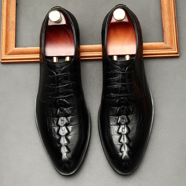 İtalya Erkekler İşletme Orijinal Deri Ayakkabı Moda Düğün Oxfords Dantel Up Saçlı Ayak Parçası Siyah Timsah Desen Broular Elbise Ayakkabıları