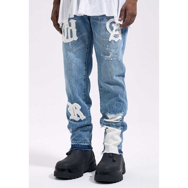 Pants Frog Drive Fashion Streetwear High Street Remake Y2K Düz Sticker Mavi Denim Jeans Erkek Pantolon P230529