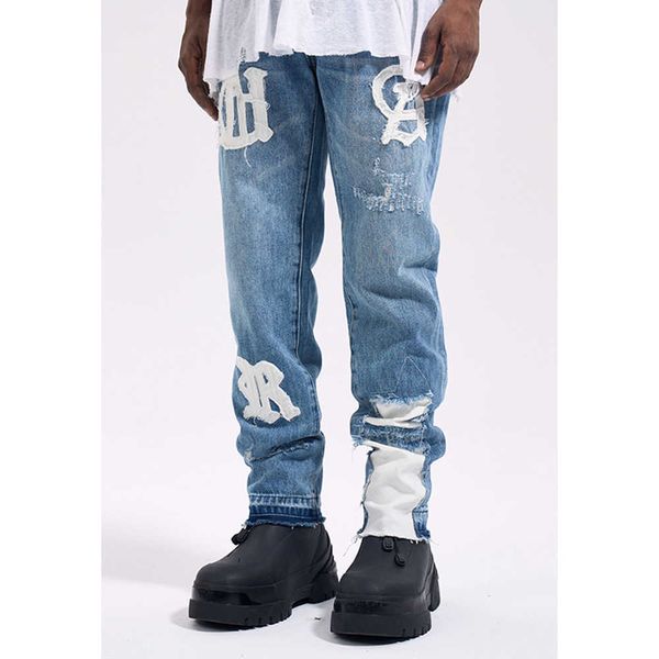 Hosen Frog Drive Mode Streetwear High Street Remake y2k Straight Sticker Blue Denim Jeans Herrenhose P230529