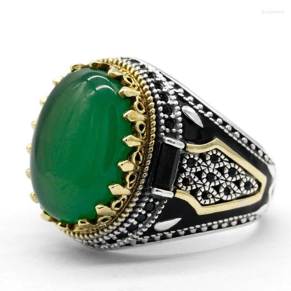 Cluster Rings Green Agate Stone Men Ring Pure 925 Sterling Silver Golden Crown King Male Smalto Vintage Turkish Handmade Jewelry Gift