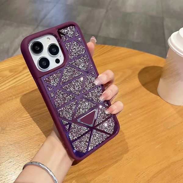 Designer Bling Glitter Diamond Pattern Capas de telefone celular para homens mulheres Apple Iphone 14 13 12 11 Pro Max Sparkling Full-body Mobile Back Covers Fundas Roxo