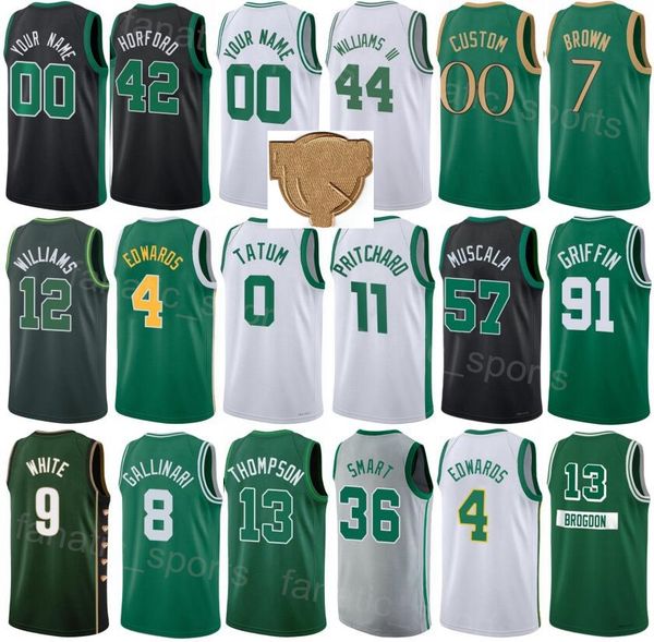 2023 Finals Printed Basketball Al Horford Jerseys 42 Marcus Smart 36 Grant Williams 12 Malcolm Brogdon 13 Mike Muscala 57 Jaylen Brown 7 Jayson Tatum 0 Homens Mulher Crianças