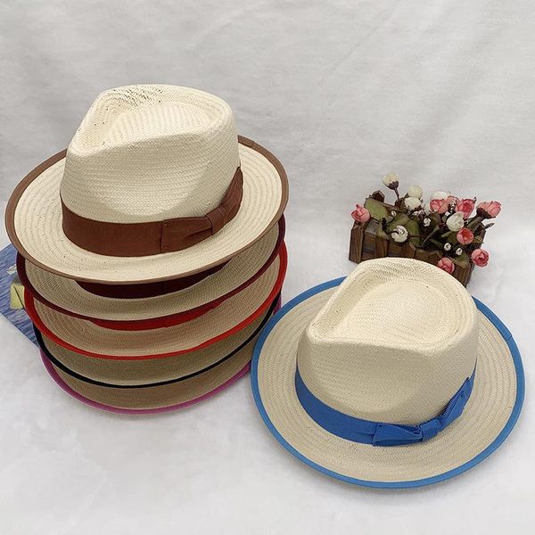 Boinas de bainha chapéu palha fedora feminina feminina tecida jazz de sol com encadernação de verão e design de correspondência de cores