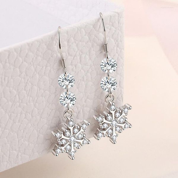 Orecchini a bottone Orecchino di cristallo femminile semplice Argento sterling 925 Fiocco di neve Zircone Nappa lunga per gioielli da donna alla moda