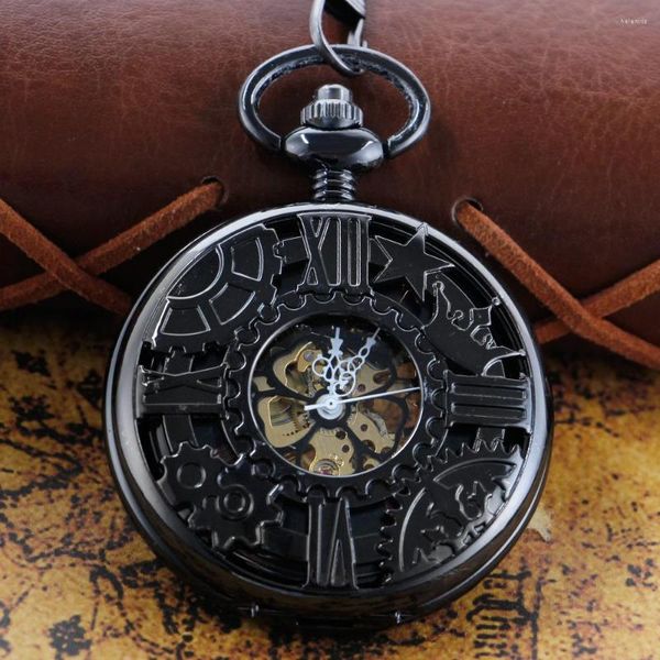 Taschenuhren Black Gear Star Hollow Carving Mechanische Uhr Gedenkanhänger Uhr Geschenk mit Fob-Kette Antiker Timer