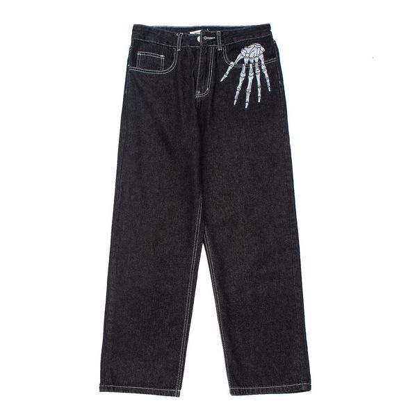Мужские джинсы темная уличная одежда скелетная вышивка панк черные мужчины хип -хоп брюки прямо повседневные джинсовые брюки Pantalons capris 230529