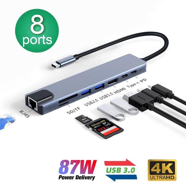 HUBS 8 в 1 USB C HUB TYPE C от 3.1 до 4K Adapter HD с RJ45 SD/TF Reader PD Fast Charge для MacBook Notebook Computer