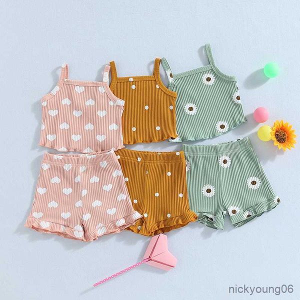 Kleidungssets Neue Baby-Kleidungsanzüge mit Herz-/Punkt-/Blumendruck, ärmelloses Strickripp-Sling-Tanktop und Shorts mit elastischem Bund, 2-teiliges Set