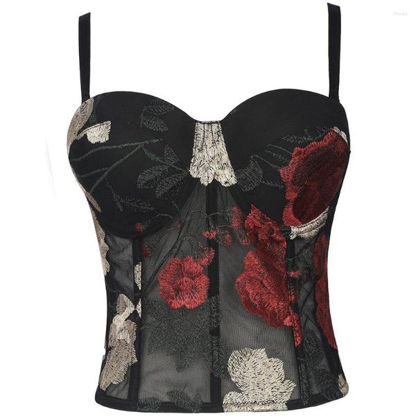 Tanques femininos Mulheres Ins moda Moda Bustier Corset Top Bordado Flores Elegantes Senhoras Elastic Camisoles Tops Com Bra para Varrejar