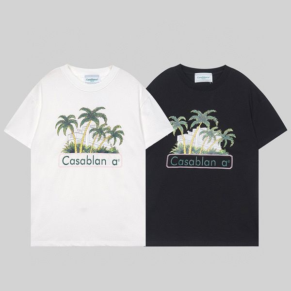 23SS Summer Tropical Style Coconut Forest Print T-Shirt per Uomo Vacation Beach Casablanc Designer Summer Men Fashion Leisure Loose Vacation Beach T-shirt a maniche corte