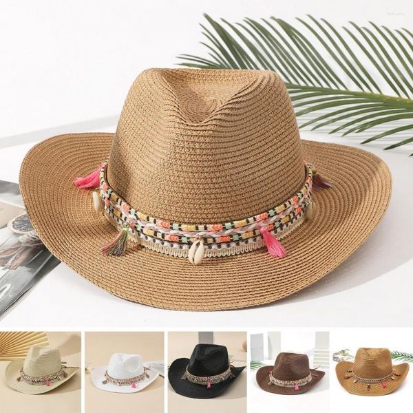 Berretti all'ingrosso Donna Nappa rosa Cappello da cowboy Cappelli da spiaggia flosci Paglia estiva da donna Protezione UV Panama Sun