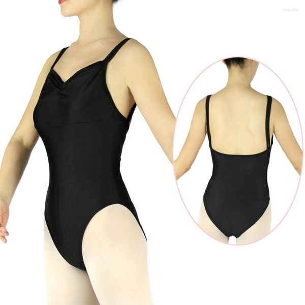 Stage Wear Body da balletto da donna Nero pizzicato sul davanti Doppie cinghie Ginnastica per adulti in cotone Spandex Ballerina Dance Body