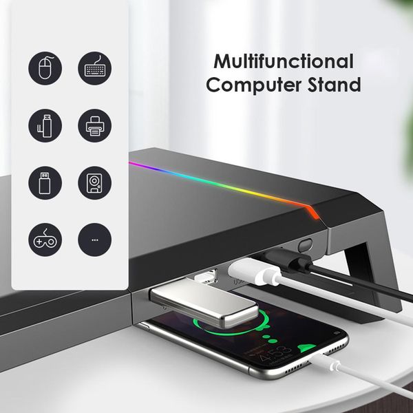 Stand Laptop Monitor Stand Riser RGB Support einstellbarer Desktop -Computer -Monitor -Steiger mit 4 USB3.0 Computer Desk Organizer