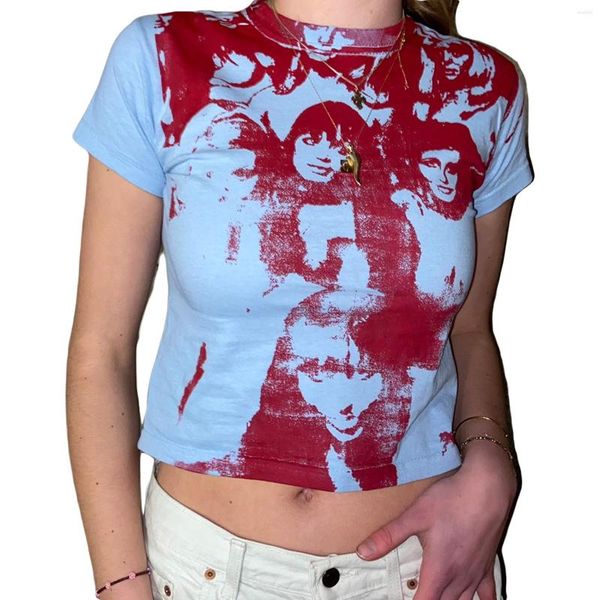 T-shirt da donna T-shirt ritratto a maniche corte con stampa gotica vintage da donna girocollo Slim High Street Babes Top