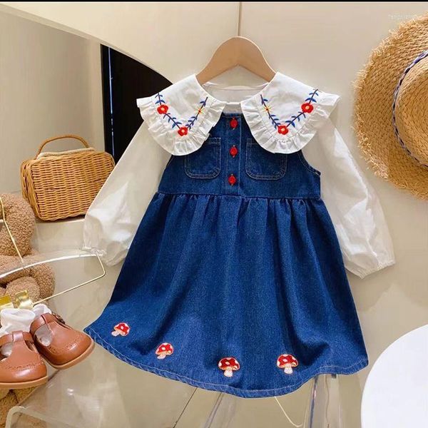 Abiti da ragazza 2023 Summer Fashion Girls Flower Embroidery Camicia con collo a foglia di loto Abito con gonna in denim a fungo Abbigliamento da boutique