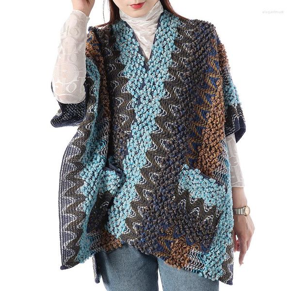 Schals Streifen Vintage Poncho Gestrickte Warm Halten Winter 2023 Frau Lose V-ausschnitt Fledermaus Ärmeln Mäntel Capes Für Frauen