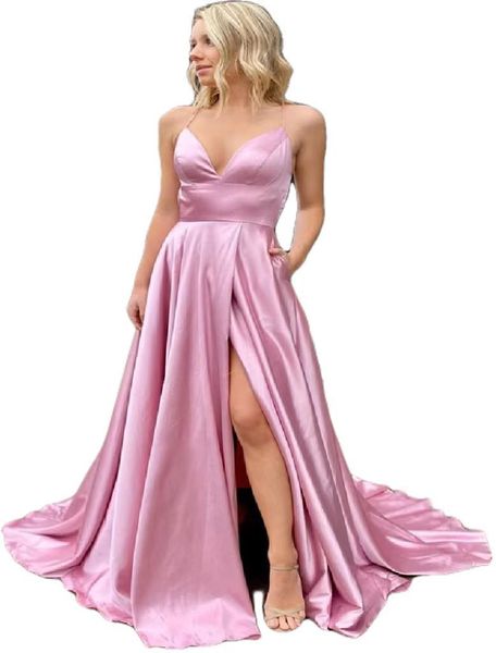 Abito da ballo rosa con spacco alto 2023 Una linea senza spalline senza schienale Abiti da sera per occasioni formali semplici Abiti da festa di fidanzamento in raso robe de soiree vestido de noche