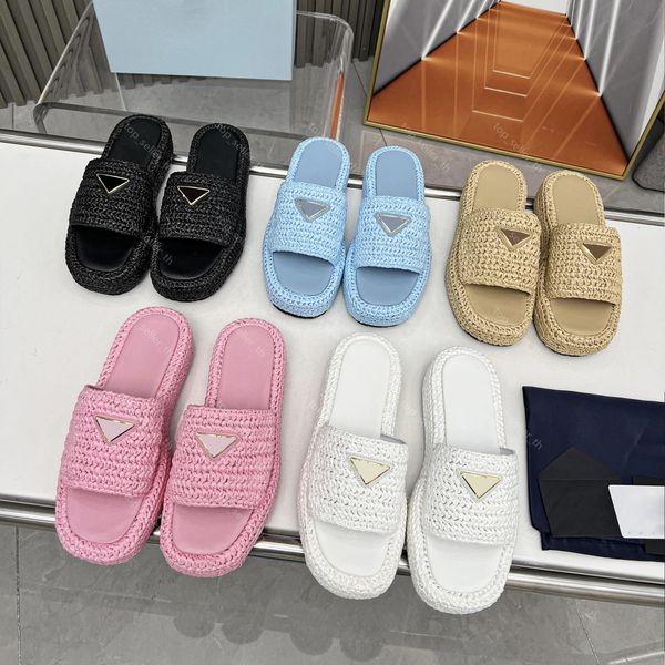 Häkel-Flatform-Slides, Damen-Stroh-Sandale, Metall-Dreieck, Monoblock-Gummi-Espadrilles, Slipper, Plattform-Slides, Sommer-Slide mit Box