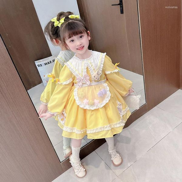 Vestidos de menina espanhol bebê amarelo de páscoa para crianças lolita kawaii vestido de aniversário vestido de bola de bola de bola de bola