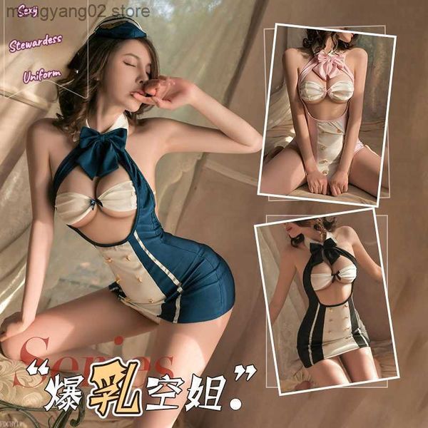 Sexy Set Erotik Stewardess Uniform Cosplay Niedliche Dessous Leidenschaft Anzug Bett Pyjamas Fliege Kleid Slim Pack Hüftrock Damen Sexy Outfit T230530