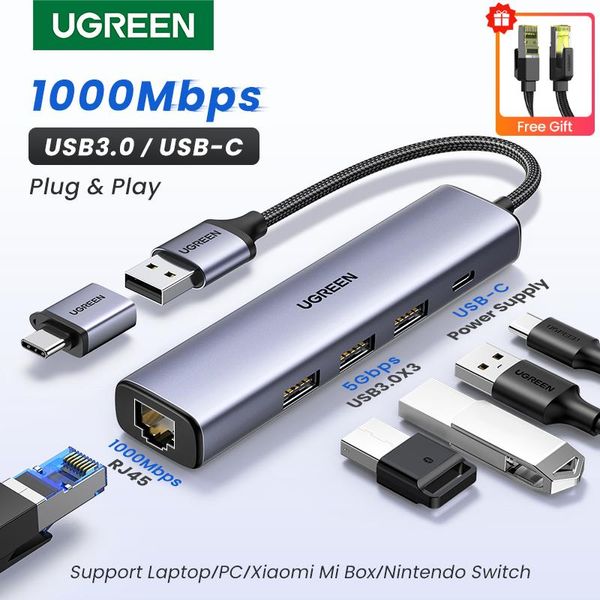 Карты Ugreen USB Ethernet Adapter 1000/100 Мбит/с USB3.0 Hub RJ45 LAN для ноутбука PC Xiaomi Mi Box MacBook Windows USBC Hub Сетевая карта.