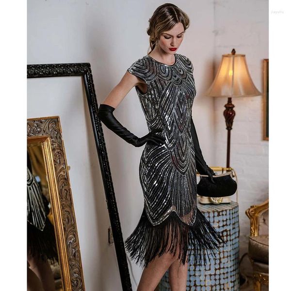 Abiti casual da donna Retro anni '20 con perline con paillettes foglia Art Déco Gatsby Flapper Dress Party Evening Paillettes Abito con frange