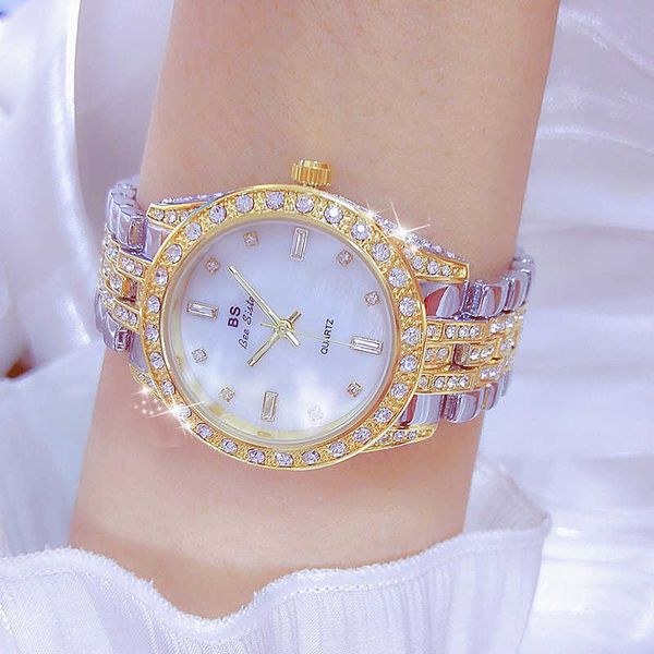 Luxury BS Brand Women's Gold Stainless Steel Quartz Military Crystal Orologio da polso casual strass Reno Femino G230529