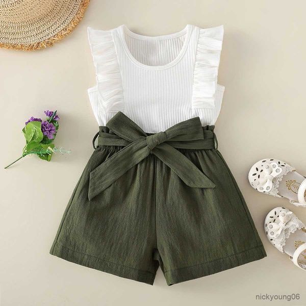 Giyim setleri 0-3 yaşındaki yeni doğan kız bebek yaz kolsuz yuvarlak boyun beyaz gömlek ordu yeşil şort kemer moda takım elbise