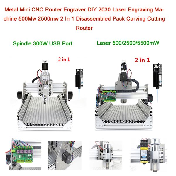 Metal mini cnc roteador gravador diy 2030 máquina de gravação a laser 500mw 2500mw 2 em 1 pacote desmontado escultura corte roteador