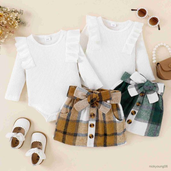 Комплект одежды для маленьких девочек для сплошного цвета с длинным рукавом и клетчатой ​​юбкой с поясом новорожденного набор