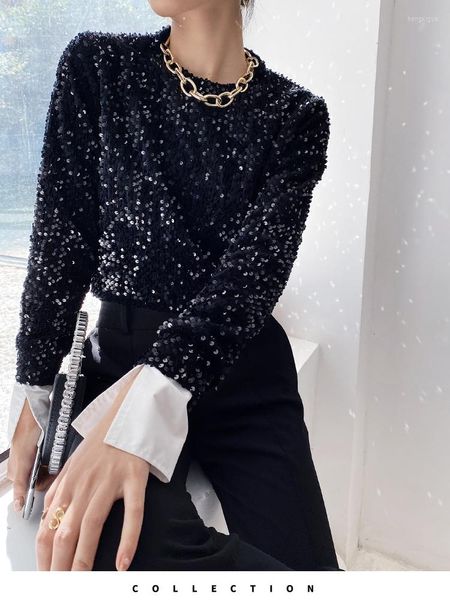 T-shirt da donna 2023 Camicetta da donna con paillettes invernali Camicetta da donna a maniche lunghe Elegante stile camicia Moda Slim Tops Pullover Outwear