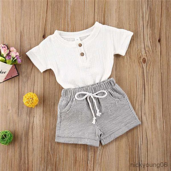 Roupas conjuntos de roupas de verão casual meninos meninas roupas de menina terno de botão branco linho de linho de algodão Topsand Striped calças 2pcs Conjunto infantil