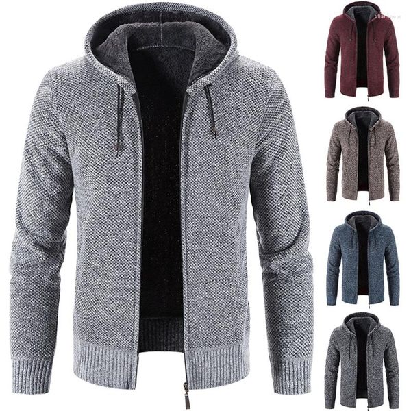 Jaquetas masculinas suéter inverno lã lã artificial malha jaqueta com capuz quente caxemira cardigã moda casual solto casaco