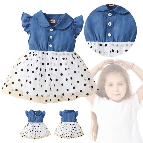 Abiti da ragazza Toddler Infant Kids Neonate Summer Cowboy Piccola manica volante Cuciture Wave Dot Print In Little Child Princess Dress