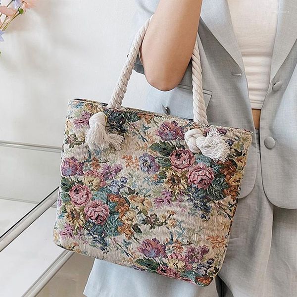 Akşam çantaları taze tuval çantası yaz Kore Kore Çiçek Kadın Halat Çanak örgü bezi Monet Yağlı Boya Jacquard Tote