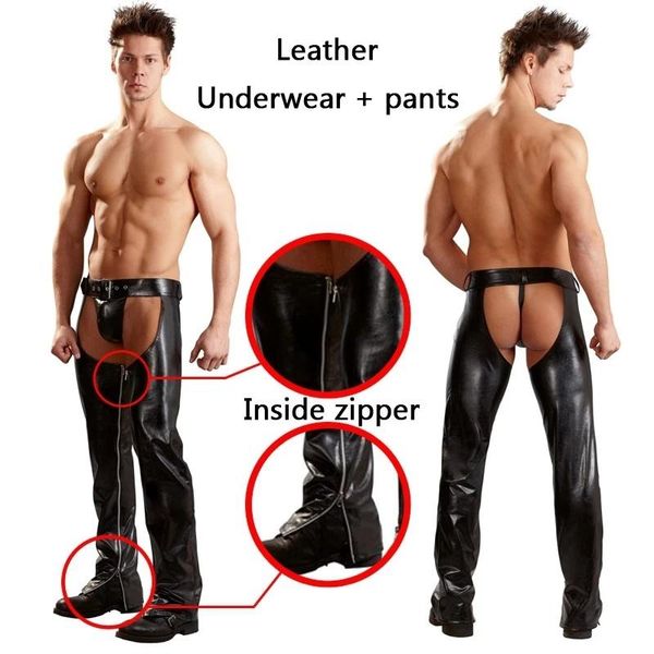 Calças masculinas cowboy chaps com tangas calças de couro mangas sexy assless chap para homens calças de moto roupas legais stripper adulto wear