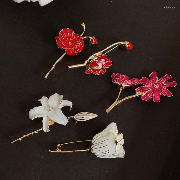 Broschen Vintage Emaille Rot Farbe Pflanze Blume Pin Baum Lotusblatt Bambus Brosche Für Frauen Schmuck Geschenk