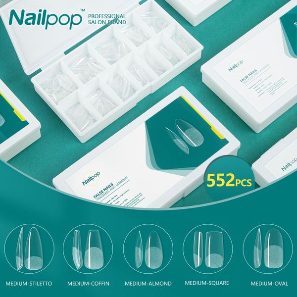 Kit Nailpop Nuovissimo 552 pezzi Unghie finte Copertura completa Unghie bara Set Pro Salon Manicure Unghie artificiali Stampa sulle unghie Media lunghezza