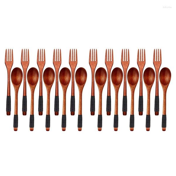 Set di Posate Cucchiai di Legno Forchette Set di Utensili in Stile Giapponese per Mangiare Legno Riutilizzabile (Corde Nere 20 Pezzi)