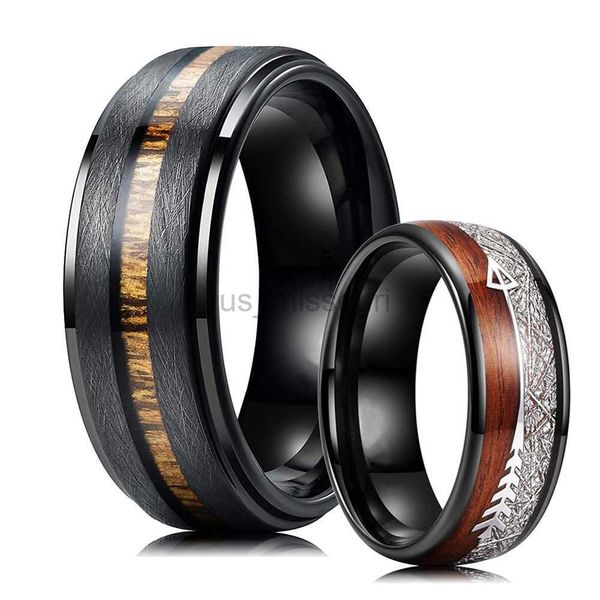 Anelli a fascia Trendy 8mm Uomo Fedi nuziali in tungsteno nero Anelli Intarsio Koa hawaiano Legno e meteoriti Finitura spazzolata opaca Anello promessa da uomo J230531