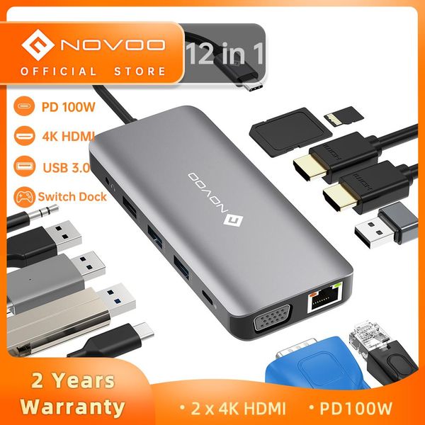 Hubs novoo 12in1 Тип C к двойному HDMicabatible VGA HUB USB 3.0 PD 100W RJ45 SD TF Docking Station для MacBook Pro Switch