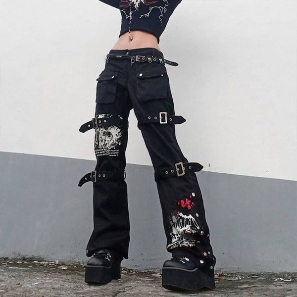 Jeans femininos Goth punk HATA HARAJUKU METALLE FUNHLE HIP HIP PRIMENTE PALTAS DE TRUSLES DE TELA LARGA LEGAS DENIM LONIM 230530