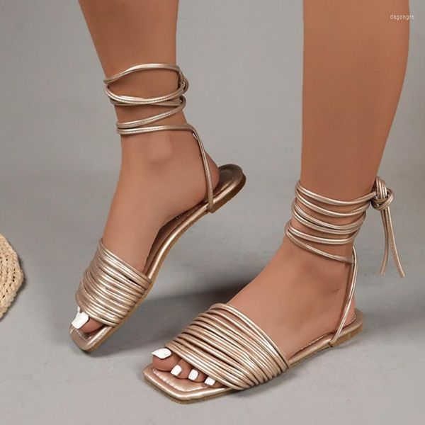 Sandals Silver Summer Women With Ties Flat Shoes Platform Star Elegant Party Luxury Square Toe 2023 Trend