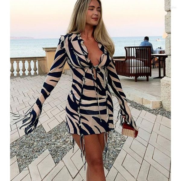 Casual Kleider 2023 Zebra Streifen Gedruckt Langarm Strand Kleid Für Frauen Sommer Rüschen Bandage Mesh Sexy Club Party Mini bodycon